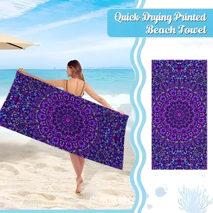 Macro detail of quick-drying microfiber beach towel with purple mandala 3D digital print