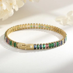 Detail of 18K gold stainless steel bracelet with multi-colored rectangular zircon stones