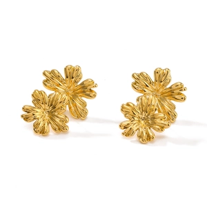 Polished 18K gold plated flower earrings with 3D floral petals and elegant metallic texture