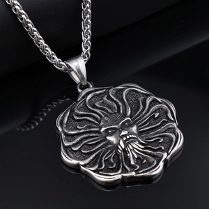 Vintage stainless steel sun god pendant necklace for men with retro Nordic mythology style