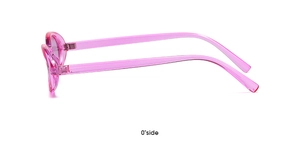 Side view of trendy small oval sunglasses with transparent pink frame and 0-degree angle