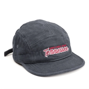 Detail of dark grey five-panel camper hat with Tennessee embroidery and flat brim