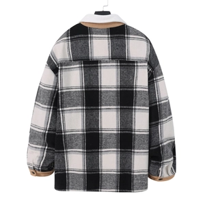Classic black and white plaid shacket with khaki corduroy details and drop shoulder