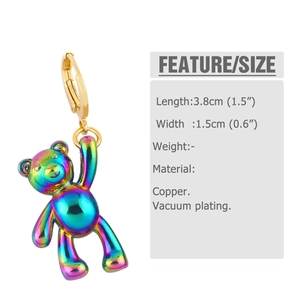 Detail view of rainbow metallic balloon dog earring with dimensions and copper material specs