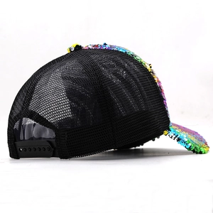 Rainbow sequin mesh trucker hat for women featuring black breathable back and snapback