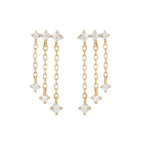 Detail of gold chain tassel earrings with three lengths of sparkling clear gemstones