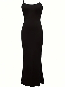 Slim fit black spaghetti strap maxi dress in stretch knit fabric with a minimalist design