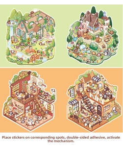 Detail view of DIY 3D landscape stickers showing four colorful cartoon miniature scenes