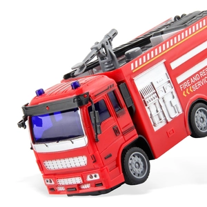 Red remote control fire truck toy with realistic service decals and warning lights