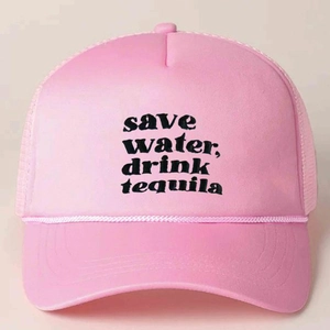 Pink mesh trucker hat with save water drink tequila embroidery and breathable back panel
