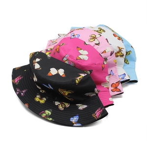 Five assorted cotton bucket hats with colorful butterfly prints for women and girls
