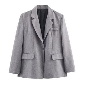 Women Grey Herringbone Blazer And A-Line Skirt Polyester Padded Shoulder Long Sleeve Business Casual Office Lady