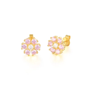Detailed macro view of S925 silver flower stud earrings with pink and white zirconia