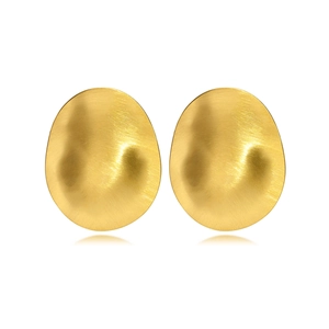 Brushed gold stainless steel oval earrings with minimalist geometric design on white background