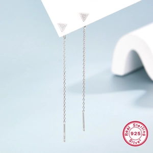 Elegant S925 sterling silver tassel earrings with triangular zircon on a light blue base