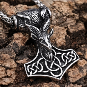 Thor's Hammer Mjolnir Pendant Necklace Stainless Steel Viking Goat Head Celtic Knot Retro Nordic Style Jewelry For Men