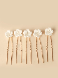 Detailed set of 5 white floral hair pins with gold U-shaped metal pins and crystal center