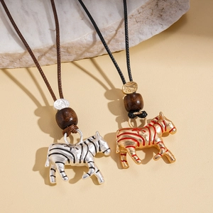 Ethnic zebra pendant necklace with wooden beads and adjustable cord in retro style
