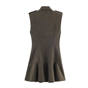 Olive green sleeveless mini dress with shoulder pads and ruffled hem viewed from back