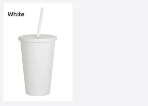 Detail of 16oz white matte reusable straw cup with secure lid and minimalist finish