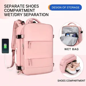 Pink multi-functional travel backpack with USB charging port and separate shoe compartment
