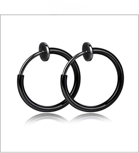 Detail of black stainless steel clip-on earrings with spring action for non-pierced ears