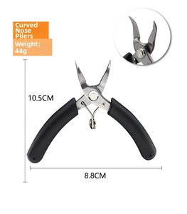 Detailed view of 10.5cm mini bent nose pliers with dimensions and precise steel jaws