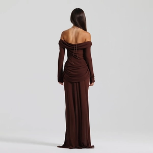 Detail of deep brown off-shoulder dress featuring a lace-up back and slim fit silhouette