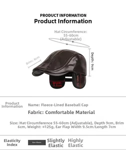 Detail view of adjustable PU leather flat cap with foldable ear flaps and measurements
