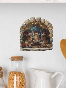 Détail du sticker mural 3D souris de Noël avec scène festive sur un mur blanc texturé