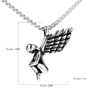 Stainless steel angel wing pendant necklace with product dimensions and weight details