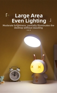 Detail view of cartoon rabbit LED lamp with adjustable neck and circular light panel