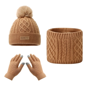 Winter kids' cable knit hat, scarf and touchscreen gloves set with warm fleece lining