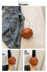 Detailed views of brown mini basketball chain bag with gold strap and PU texture