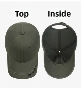Detail view of army green camo baseball cap with NAVY SEAL embroidery and metal buckle