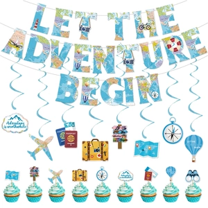 Travel Adventure Theme Party Decorations Cardstock Banner Hanging Swirls Cake Toppers World Map Retirement Graduation