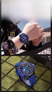 Détail du chronographe de sport bleu avec bracelet en silicone et affichage de la date