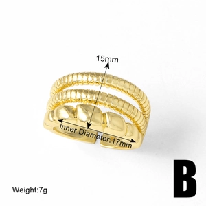 Detailed view of layered 18k gold plated wave ring with size dimensions and 15mm width