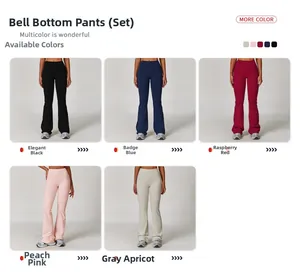 Collage of high-waist yoga flared pants in five colors including black and blue