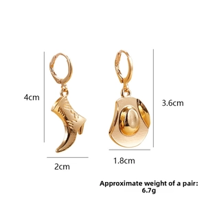 Detailed view of asymmetric gold cowboy boot and hat earrings with specific measurements