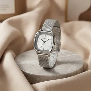 Elegance Square Women's Fashion Watch Faceted Glass Metal Mesh Strap Retro Minimalist Wristwatch For Ladies