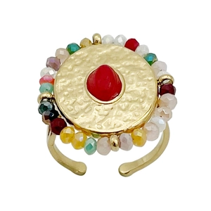 14K gold plated stainless steel ring with red stone and colorful beaded floral design