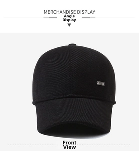 Front view of black men's baseball cap featuring a premium metal tag and twill texture
