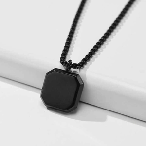 Minimalist black stainless steel beaded chain necklace with square enamel pendant