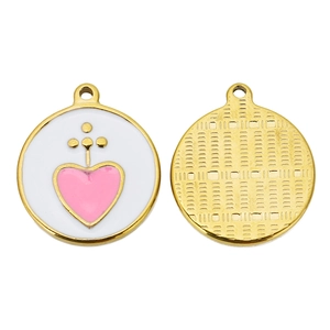 Polished stainless steel round pendant with pink enamel heart and textured back