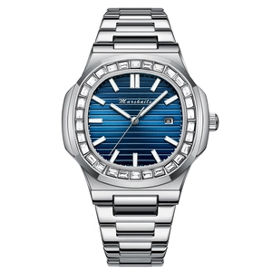 Silver quartz watch for men with blue nautilus dial, diamond bezel, and steel strap