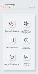 Detailed chart showing 5mm frame, silent movement and luminous coating of wall clock