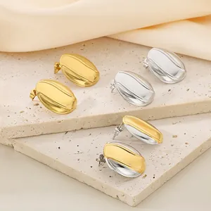 Oval Bean Stud Earrings 18K Gold Plated Stainless Steel Ripple Texture Smooth Geometric Minimalist Modern For Women