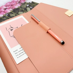 Pink PU leather binder notebook with interior card slots and matching stylus pen set