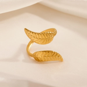18K gold plated leaf shaped adjustable open ring in stainless steel on white silk
